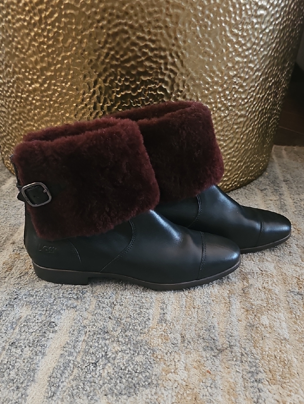 UGG Black Leather Ankle Boots with Burgundy Shearling Cuff